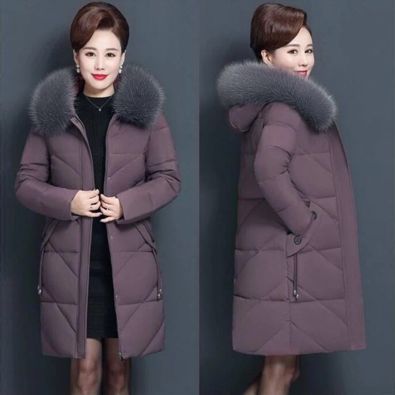 Solid Big Fur Collar Winter Jacket Women Hooded