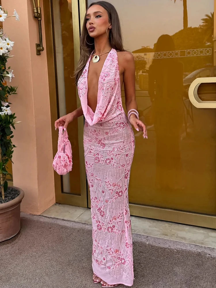 Mozision Sparkle Backless Sexy Maxi Dress Women Gown Elegant