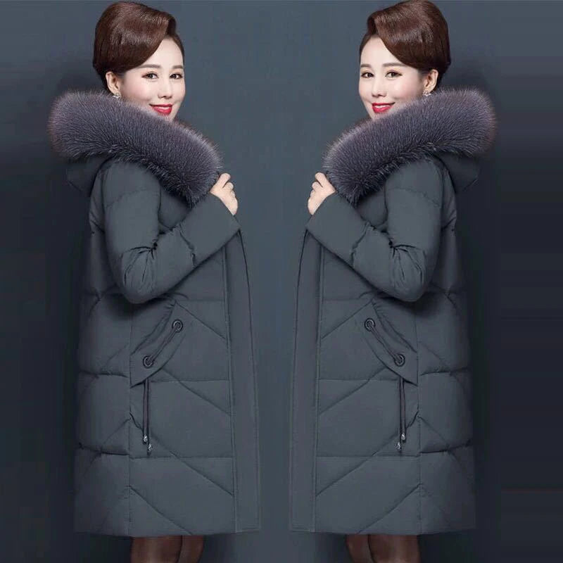 Solid Big Fur Collar Winter Jacket Women Hooded