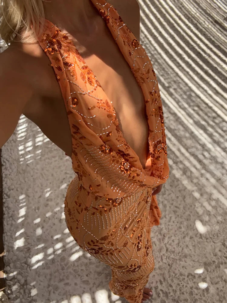 Mozision Sparkle Backless Sexy Maxi Dress Women Gown Elegant