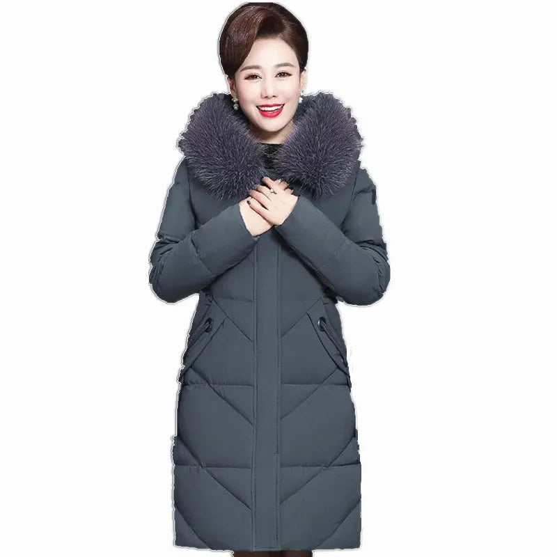 Solid Big Fur Collar Winter Jacket Women Hooded