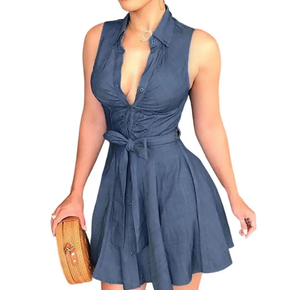 Lapel Sleeveless Ruched Buttons Half Placket Belt Mini Dress Women