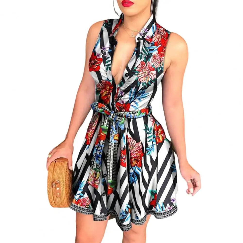 Lapel Sleeveless Ruched Buttons Half Placket Belt Mini Dress Women