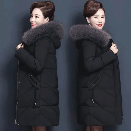 Solid Big Fur Collar Winter Jacket Women Hooded
