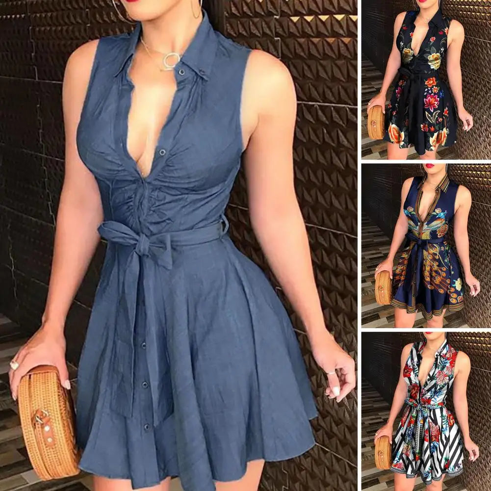 Lapel Sleeveless Ruched Buttons Half Placket Belt Mini Dress Women