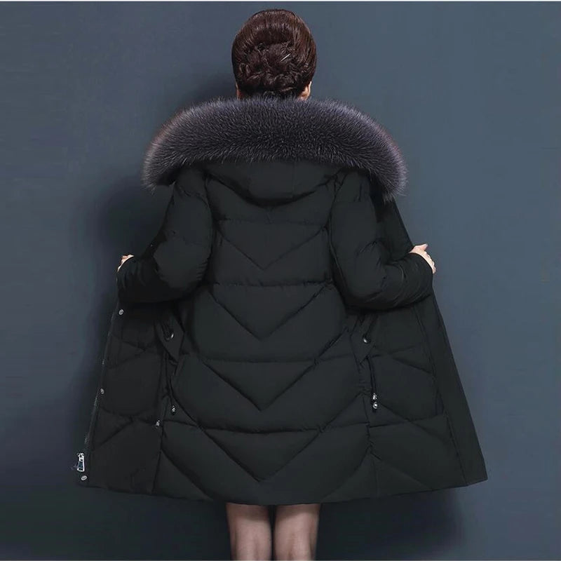 Solid Big Fur Collar Winter Jacket Women Hooded